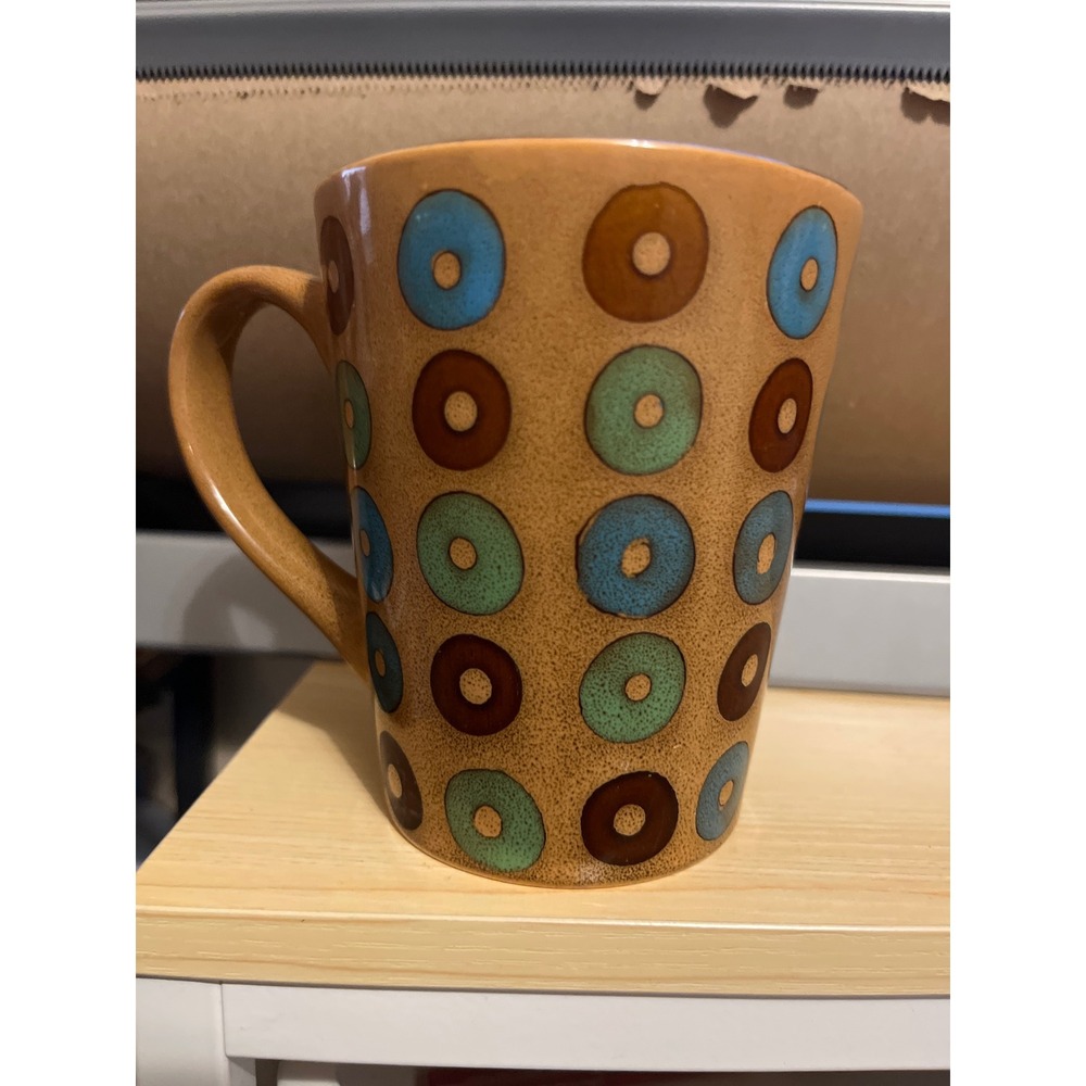 Mid Century Modern Style Speckled Stoneware‎ Mug Blue Green Brown Circles Retro